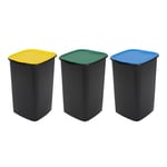 Avilia Lot de 3 poubelles pour collecte différenciée 50L – boîtes poubelle pour cuisine et extérieure avec couvercles colorés pour plastique, papier et verre, en polypropylène, 38 x 38 x 55 cm