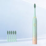 (Green)Electric Toothbrush IPX7 Waterproof Rechargeable Tooth Brush With 5 Heads