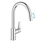 GROHE Start Curve QuickFix Mitigeur d'évier de cuisine à 1 levier avec fonction extractible (bec en C haut, zone pivotante à 360°, cartouche en céramique 28 mm, queues 1/2", haute pression), taille