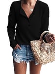 WNEEDU Pull Femme à Manches Longues en Tricot Gaufré Tunique T-Shirt Chemise Henley Décontracté Col V avec Boutons