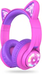 iClever Cat Ear Kids Bluetooth Headphones RGB LED Light Up - HOT PINK