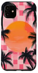 Coque pour iPhone 11 Rose Art Déco Plage à Carreaux Coucher De Soleil Océan Whimsical Palm