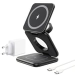 KU XIU X40 Station de Charge Pliable, Chargeur Induction 3 en 1 pour iPhone 16/15/14/13/12, Chargeur sans Fil pour Apple Watch 10/9/8/7/Ultra/SE et AirPods 4/3/2 Pro - Noir, en Aluminium