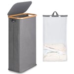 efluky Panier à Linge Mince 63L, Panier à Linge étroit avec Couvercle, Gris Bac à Linge Pliable avec Poignées en Bambou et sac Amovible pour Chambre, Salle de Bain, Buanderie