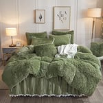 LIFEREVO Parure de lit de Luxe en Peluche à Poils Longs (1 Housse de Couette en Fausse Fourrure + 2 taies d'oreiller en Velours à Pompons), Fermeture éclair (lit Double/Grand lit, Vert Sauge)