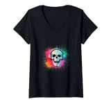 Womens Skull with headphones and Colorexplosion V-Neck T-Shirt