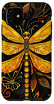 Coque pour iPhone 11 Motif Libellule Ethnique Jaune Art Déco Cuir