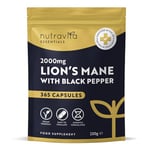 Lions Mane Mushroom 2000mg - 365 High Strength Capsules - Alternative to Lions Mane Powder - 1 Year Supply - Lions Mane Extract Supplement with Black Pepper - 100% Vegan - Nutravita