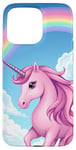 Coque pour iPhone 15 Pro Max Licorne rose colorée avec arc-en-ciel et étoiles