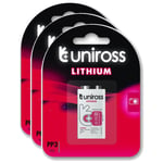 UNIROSS Lot de 3 Packs de 1 Pile Lithium 9V-Block L522 24-LF, IEC-FR03, 9V