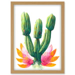 Colourful Cactus Plant In Flower Painting Artwork Framed Wall Art Print A4