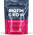 Biotin Hair Growth Supplement - 180 Tablets Enhanced with Zinc & Copper 10,000µg