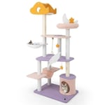 COSTWAY Cat Tree 167 CM, Multi-Level Cat Tower, Spring Ball, Plysch Abborre, Hängmatta, Sisal Rep lila och rosa