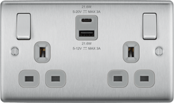 BG NBS22UAC22G Brushed Steel Double Socket with USB 22W Type A & Type C USB