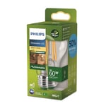 PHILIPS LED Light Bulb Classic, UltraEfficient, 60W, 840Lm, A60, E27 2700K, Clear Glass, dimmable