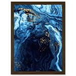 Abstract Dark Blue Gold Flow Watercolour Modern Artwork Framed Wall Art Print A4