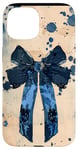 Coque pour iPhone 15 Aquarelle bleue ethnique esthétique avec nœud en ruban noir