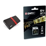 EMTEC - Pack Création : Disque SSD Portable X200 1 Tera + Cartes SD UHS-1-U3 64 GB