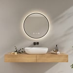 EMKE Miroir de Salle de Bain Rond avec eclairage, Diamètre 60 cm, Miroir de Salle de Bain Cadre Noire avec Interrupteur Tactile, Anti-buée, Horloge, Température, Dimmable, Éclairage Neutre