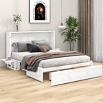 Lit escamotable mobile 140 x 200 avec tiroirs au bout du lit et petite étagère sur le côté du lit, lits plateforme convertibles, blanc OKWISH