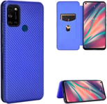 Compatible Avec Coque Wiko View 5 Plus, Mince Flip Fibre De Carbone [Test De Chute] Antichoc Stand Fente Avec Carte, Protecteur D'écran En Verre Trempé*2-Bleu