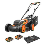 WORX WG779E.2 40V 34cm Cordless Lawn Mower, Petrol-Like Power, Cut-to-Edge Design, Adjustable Height, with 2x2.0Ah Batteries and Charger, Part of PowerShare Range