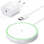 AMSKY Magnétique Chargeur Induction pour iPhone, 15W Rapide Chargeur Compatible avec Magsafe Apple, Blanc Chargeur sans Fil pour iPhone et Airpods, Station de Charge pour Apple, avec PD 20W Prise