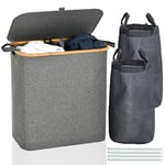 ROSOS Laundry Basket with Lid, 145L Collapsible Laundry Basket 2 Compartments with Removable Laundry Bags, Waterproof Laundry Hamper with Lid, Dirty Clothes Washing Baskets for Laundry, Grey