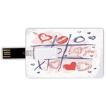 4G USB Flash Drives Credit Card Shape Valentines Day Decor Memory Stick Bank Card Style Xoxo Game with Lips Sketchy Circles Hearts Romantic Love Theme,Blue Red and White Waterproof Pen Thumb Lovely J