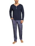 Irdcomps Pyjama Homme Hiver Coton Ensembles de Pyjamas Chauds Manches Longues Col Rond Vêtements De Nuit Pantalon de Pyjama à Carreaux Vêtements de Détente Deux Pièces Confortable Doux Bleu Foncé XXL