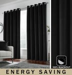 Black Velvet 100% Blackout Pair of Curtains Eyelet Top - 90x90 inch (229x229cm)