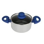 Tasty 678538 Faitout avec doseur d'huile et couvercle, faitout, casserole à induction, casserole aluminium, casserole, Aluminium pressé, Polyester silicone, Verre, Greblon® C3, Gris, Bleu, 16 cm