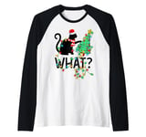 Black Cat Pushing Christmas Tree Lighting Funny Cat What Raglan Baseball Tee