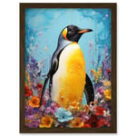 King Penguin in Colourful Floral Flowers Nest Thick Paint Oil Painting Yellow Black Blue Colourful Artwork Framed Wall Art Print A4