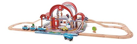 Hape Grand City Station | Wooden Pretend Play Railway Set with Projector and Recorder | For Kids