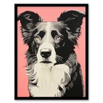 Artery8 Border Collie Dog Pastel Tone Duotone Screen Print Black White And Peach Pink Risograph Artwork Spot Block Colour Duotone Retro Riso Interior Design Artwork Framed Wall Art Print A4