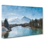 Mountain Above The Lake Painting Modern Art Canvas Wall Art Print Ready to Hang, Framed Picture for Living Room Bedroom Home Office Décor, 20x14 Inch (50x35 cm)