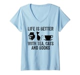 Womens Life is Better With Tea Cats and Books Tees Funny Cat Lovers V-Neck T-Shirt