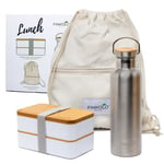 Finkolo Lunch Set - Ensemble Boite Bento Lunch Box 2 Compartiments Couvercle Bambou, Gourde Bouteille Isotherme Inox 750ml Avec 2 Bouchons Inclus et Sac À Cordon En Toile Naturel