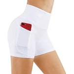 Yogashorts, damshorts, sidofickor med telefonficka, hög midja, yoga, fitness, gym, träningsbyxor, vita (M)