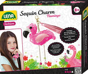 Lena 42659 Kit de bricolage à sequins Charm Flamant rose Kit complet pour 1 paillettes, porte-bonheur, ruban en simili cuir, perles, aiguille, garnissage laine et instructions pour les enfants à partir de 8 ans