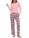 Irdcomps Pyjama Femme Hiver Coton Ensemble de Pyjamas Vêtements de Nuit à Manches Longues col Rond Pantalon de Pyjamas à Carreaux avec Poches Rose L