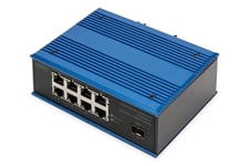 DIGITUS Industrieller 8+1 Port Fast Ethernet Switch Unmanaged, 8 RJ45-Anschlüsse