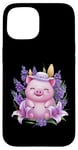 Coque pour iPhone 15 Cochon en style dessin animé kawaii avec lavande et lys