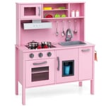 GYMAX Kids Play Kitchen, Children Toy Kitchen with Stoves, Microwave, Range Hood, Oven, Cookware Utensils & Sounds, Wooden Cooking Role Playset for Girls Boys, Pink