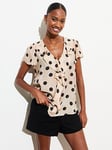 New Look Off White Spot Print Ruffle Front Blouse, Cream, Size 10, Women