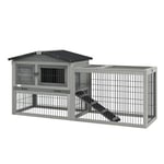 PawHut Clapier de Sol Cage à Lapin Cottage Niche supérieure avec Rampe enclos extérieur Plateau excrément fenêtre Porte verrouillable Bois Sapin dim. 150L x 52l x 68H cm Gris