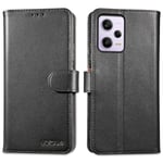 LENSUN Coque pour Xiaomi Redmi Note 12 Pro 5G, Étui Cuir Véritable Portefeuille Housse [RFID Blocage] Rangements Cartes et Fermoir Magnétique pour Redmi Note 12 Pro 5G - Noir