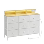 SONGMICS Commode, Meuble de Rangement avec 9 Tiroirs et Éclairage LED, Multiprise, Cadre en Acier, 33,5 x 114 x 84 cm, pour Chambre, Salon, Blanc Nuage LTS519W02