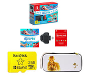 Nintendo Switch Neon Red & Blue, Sports, Nintendo Switch Online 12 Month Membership, 256 GB Memory Card & Princess Zelda Case Bundle, Red,Blue